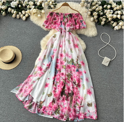 Summer new ruffles one word collar printed long skirt female waist big swing beach skirt slit chiffon dress tide