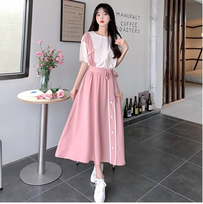 Sweet college style pink splicing fake two-piece long skirt summer large size round neck waist slimming age-reducing dress