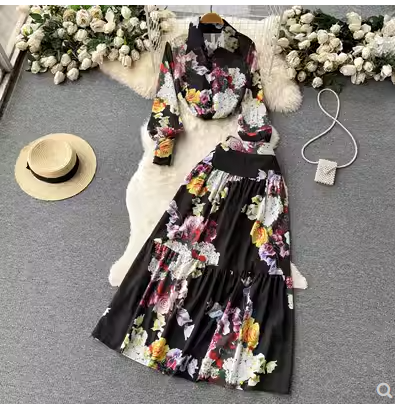 French retro floral long-sleeved shirt high waist skirt niche light luxury high-end fashion two-piece suit female