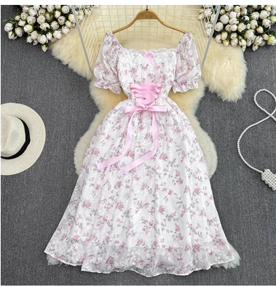 French embroidery sweet tea break dress gentle wind bubble short-sleeved square collar waist slimming A-line chiffon dress