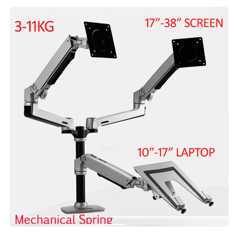 DL-9013LP 3 foldable arm 17"-38" dual monitor desk stand + to 17" laptop mount tray aluminum load 3-11kg 360 rotate tilt pivot