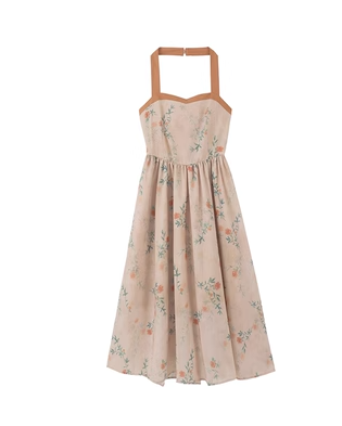 Floral hanging neck suspender dress women's summer 2023 new French retro slim Zen dress skirt suit