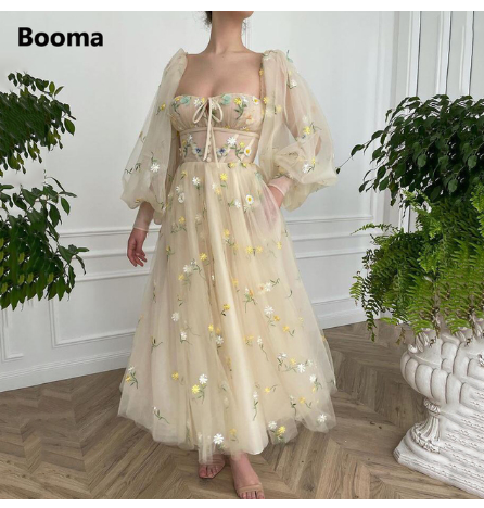 Booma Beige Square Neck Prom Dresses Long Puff Sleeves Embroidery Tulle Prom Gowns A-Line Ankle-Length Wedding Party Dresses