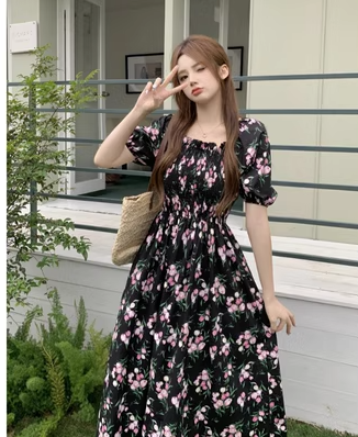 Large size high-end retro dress women's summer French temperament skirt fat mm belly cover slim fat floral skirt