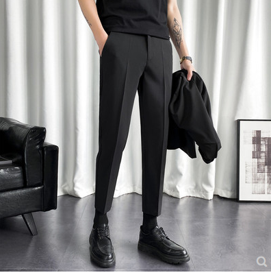 Summer trendy boy's small feet western pants nine points slim Korean version youth black suit pants Hong Kong style casual drape