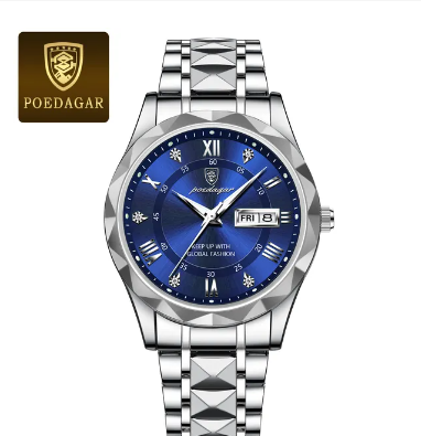 POEDAGAR Top Brand Luxury Man Wristwatch Waterproof Luminous Date Week Men Watches Stainless Steel Quartz Men's Watch Male reloj