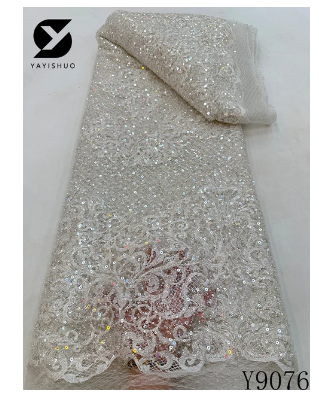 Latest African Beaded Lace Fabric 2023 High Quality Sequins Groom Embroidery Lace For Women Wedding Party Dress 5 Yards Y9076