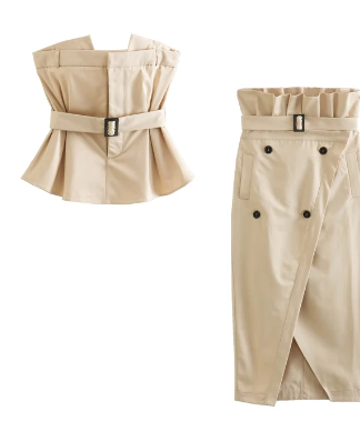 Sexy Straight neckline crop tops Asymmetric pleated Corset 2piece set Khaki