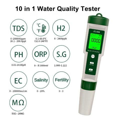 10 in 1 Water Quality Monitor PH/EC/TDS/ORP/H2/Fertile/Salinity/S.G/Resistivity/Temp Multifunction Tester for Aquariums Pools