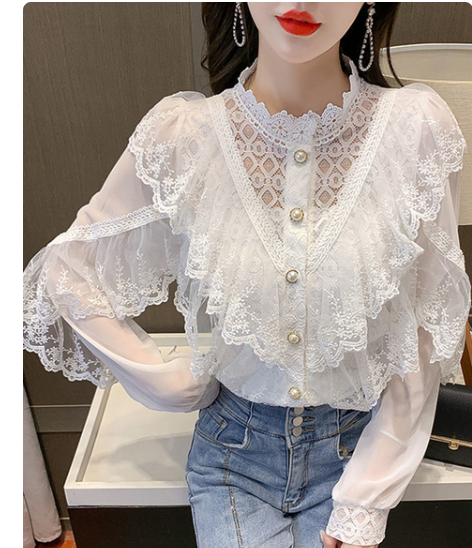 XFPV 2023 New Autumn Summer Fashion Lace Stitching Bottoming Long Sleeve Loose Chiffon Shirt Blouse Women SM2278