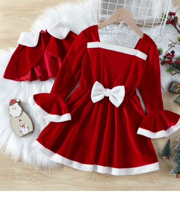 Prowow 1-6Y Christmas Dress For Girls Red Velvet Cloak+Flared Dress Party New Year Children Costume Kids Christmas Clothes