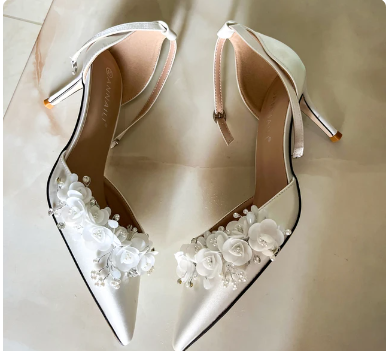 Bride Sandals White Satin Flowers 7cm Thin High Heels Customize Flats 3cm 5cm 9cm Heels Pointed Wedding Party Dress Women Shoes