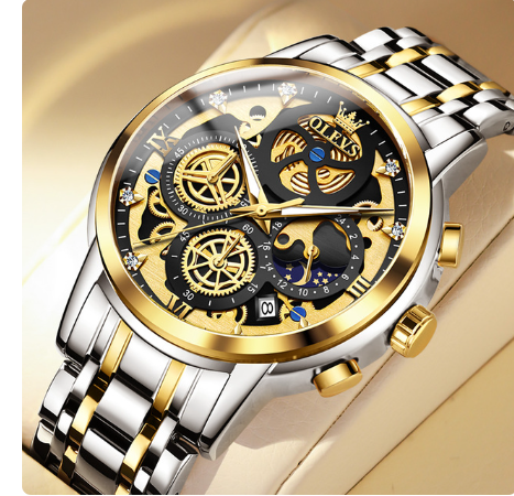 OLEVS Men's Watches Top Brand Luxury Original Waterproof Quartz Watch for Man Gold Skeleton Style 24 Hour Day Night New