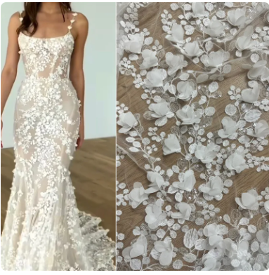 New Hot 3D Floral Sequins Embroidery Lace Fabric Wedding Dress DIY Fashion Sewing Gown Dress Tulle French Guipure African Lace