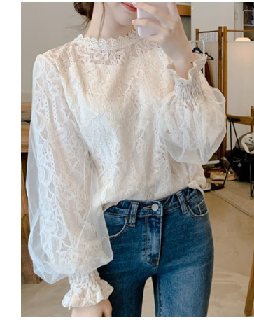 Lace Blouses Women Puff Sleeve Spring Autumn Chic Ins Tender All-match French Clothes Femme Teens Daily Leisure Newest Fashion