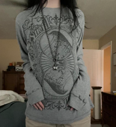 Cross Print T-shirt Women Y2K Cyber Grunge 00s Retro Harajuku Patchwork Long Sleeve Tee E Girl Gothic Mall Goth Sweats Tops
