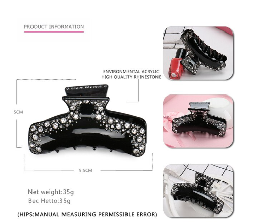 Curved Rectangle Hair Claw with White Rhinestone Fashion Acrylic Hair Claw Large Hair Jewelry for Women