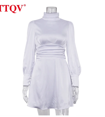 TTQV Sexy Stand Collar Satin Women Dress 2021 Fashion Long Sleeve Backless Lace-Up Party Dresses Bodycon Ruched Female Dress