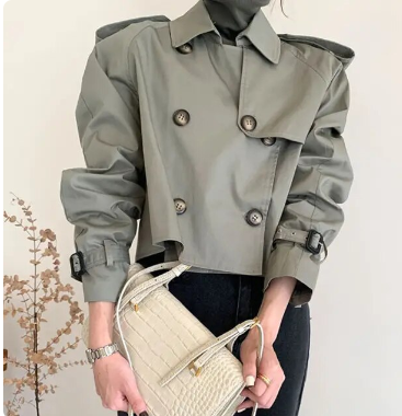 Khaki Trench Women Cropped Design Double-Breasted Chic Windbreaker Lapel Long Sleeved Jacket High Street Female Retro Coats Top