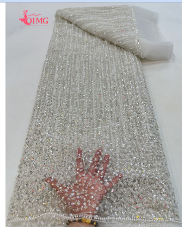 OIMG Luxury African Sequins Beaded Lace Fabric 2023 High Quality Groom Nigerian Wedding Bridal Embroidery French Tulle Lace