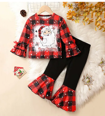 Prowow 2-6Y Kids Christmas Outfit For Girls Red Santa Claus Top and Flared Pants Toddler New Year Costume For Children Clothing