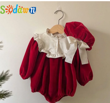 Sodawm 2023 Autumn Winter Long Sleeved Festival Clothes New Year Romper+Hat 2Pcs One-Piece Suit Clothes For Newborn