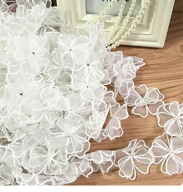 3 Yard/Lot DIY Organza embroidery fabric lace patch clothes 3D Beading flower wedding dress Hair material applique SM148