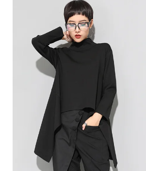 [EAM] Women Black Irregular Hem Back Long Casual T-shirt New Turtleneck Long Sleeve Fashion Tide Spring Autumn 2023 1DF4653