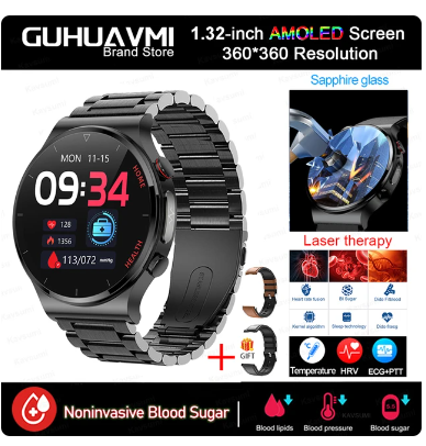 2023 Blood Sugar Smart Watch Men ECG PPG Heart Rate Three High Laser Treatment Health Tracker Sapphire Glass Smartwatch clockes