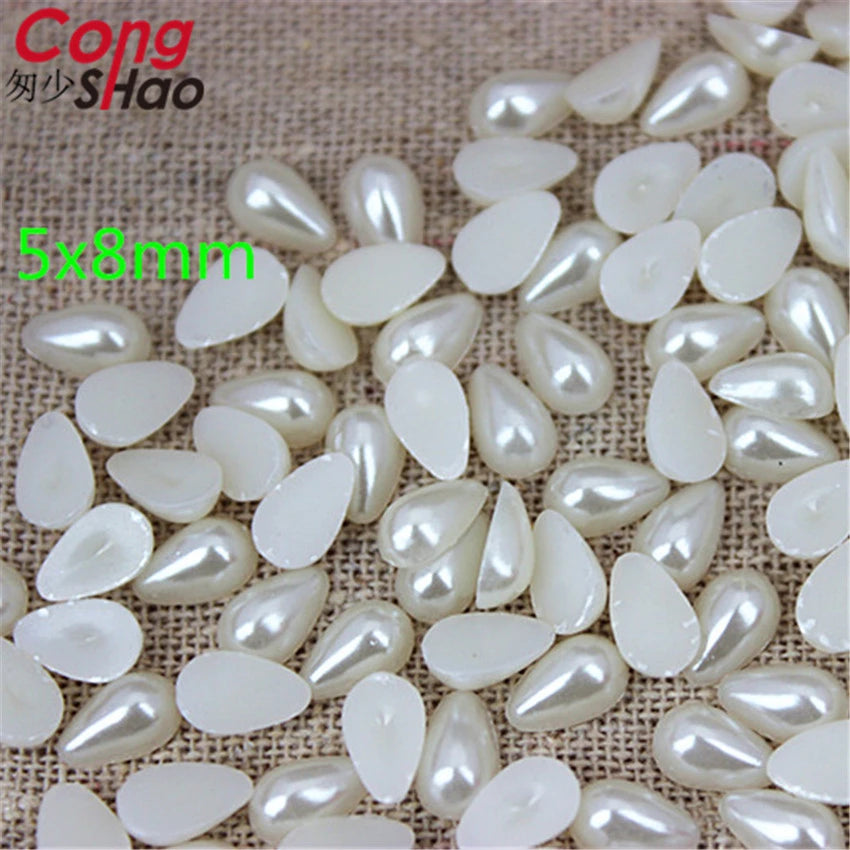 Cong Shao 500pcs 6*10/ 8*13/ 10*14mm Ivory Colour Drop Pearl Flatback Rhinestone Beads Water Imitation Scrapbooking CS212