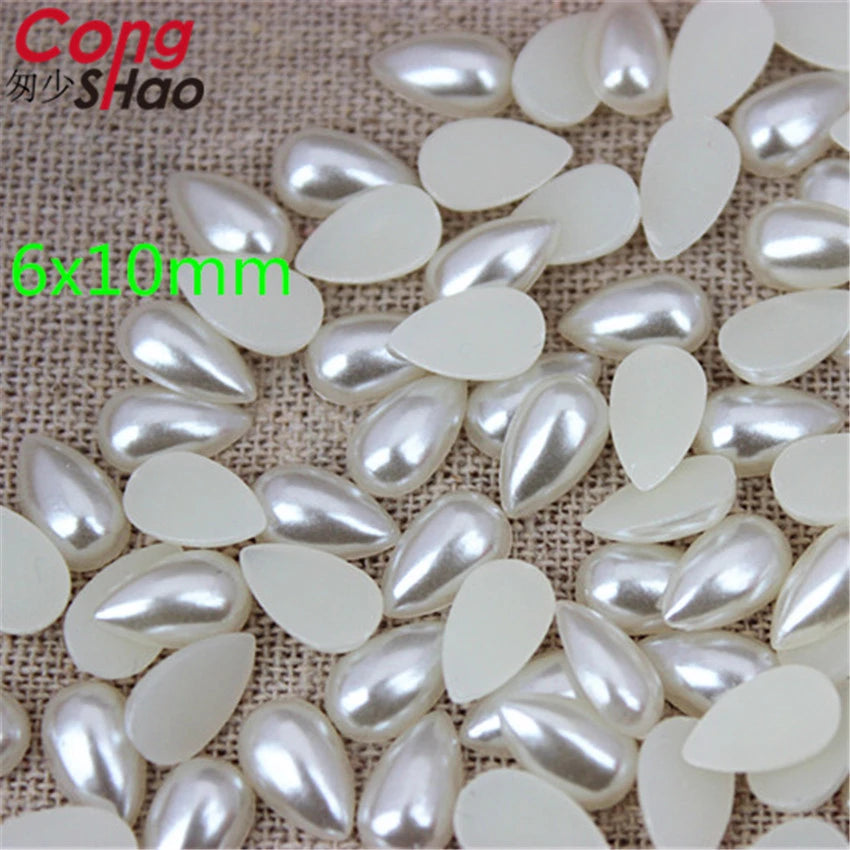 Cong Shao 500pcs 6*10/ 8*13/ 10*14mm Ivory Colour Drop Pearl Flatback Rhinestone Beads Water Imitation Scrapbooking CS212