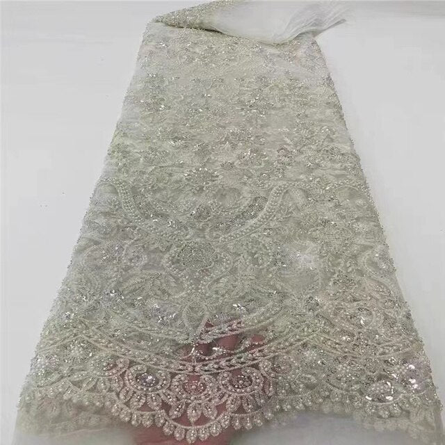 1DMHL Original Unique Handmade Embroidered White Bead Net Lace Sequins French Top Quality Mesh Fabric Party Evening Dress women