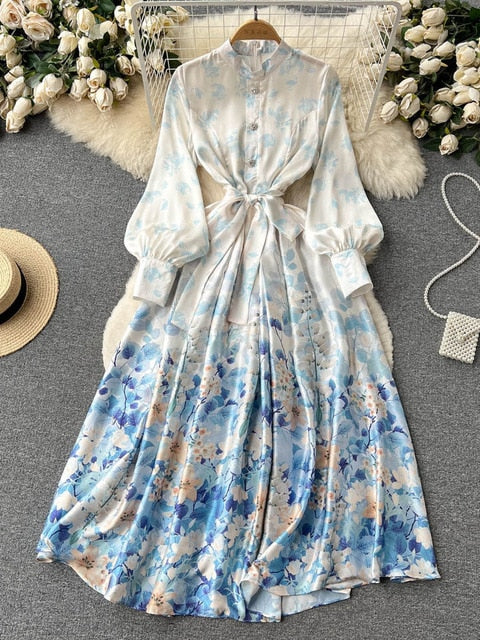 EWQ Sweet Style Y2K Long Dresse For Women Chiffon Lace-up Single-breasted Print High Waist Dresses Spring Summer 2023 New SN0869