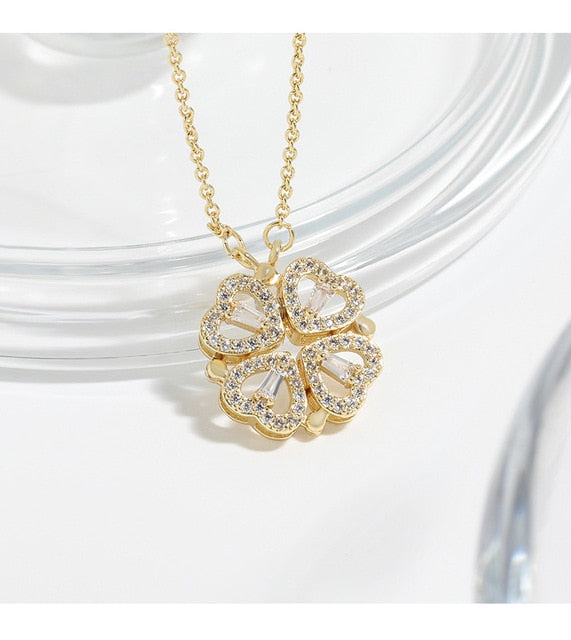 Elegant Heart Zircon Clover Flower Pendant Necklace for Women Charm Hearts Connect Banquet Wedding Jewelry for Wife party Gift