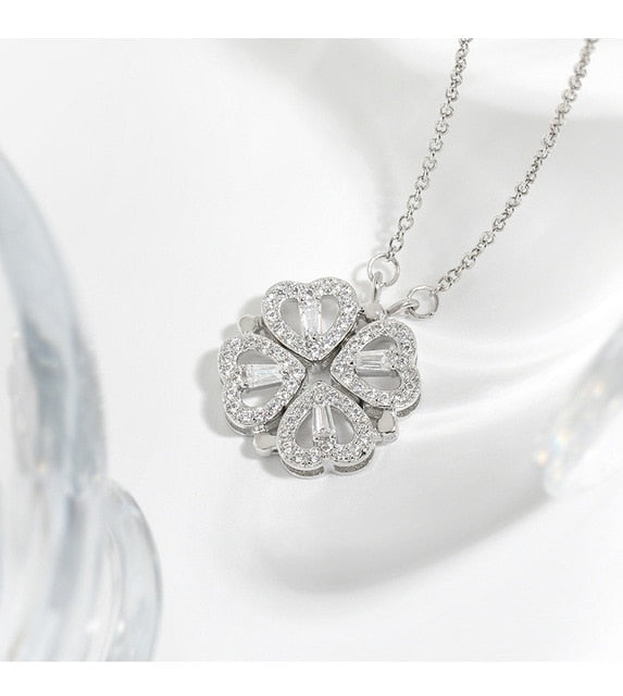 Elegant Heart Zircon Clover Flower Pendant Necklace for Women Charm Hearts Connect Banquet Wedding Jewelry for Wife party Gift