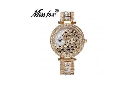 MISSFOX Women Quartz Watch Fashion Bling Casual Ladies Watch Female Quartz Gold Watch Crystal Diamond Leopard For Women Clock