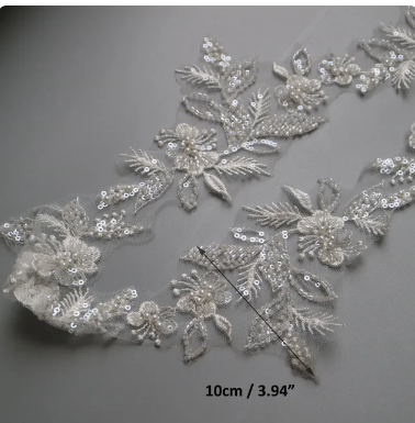Luxury 1yard sequin beaded appliques for wedding dresses DIY Sewing on embroidery flower lace trimmings for clothes decoration