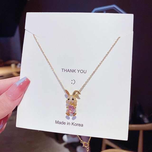 Fashion Luxury Shiny Cute Rabbit Pendant Stainless Steel Necklace for Women Zirconia Choker Necklaces Female Jewelry Gifts