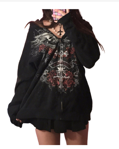 Gothic Sweatshirt Women 2000s Fairy Grunge Skull Print Long Sleeve Hooded Tops y2k Aesthetic Hoodie Oversize Clothes Streetwear