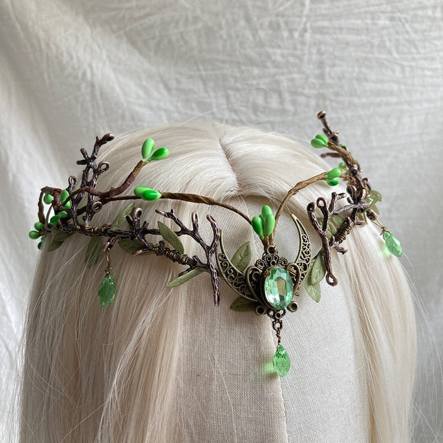 Handmade Enchanted Forest of Leaves Moon Woodland Tiara elf Elven Headpiece Fairy Crown Elvish Tiara with Branches Moon Dragon