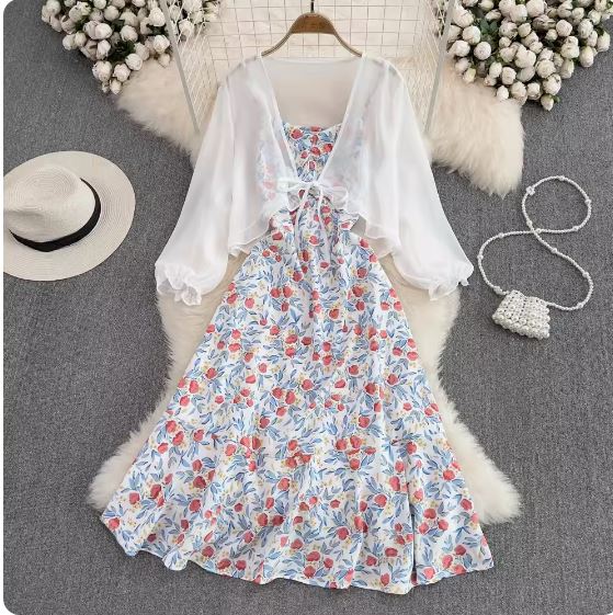 Small fresh V-neck waistless backless A-line ruffle floral suspender dress two-piece chiffon sun protection cardigan