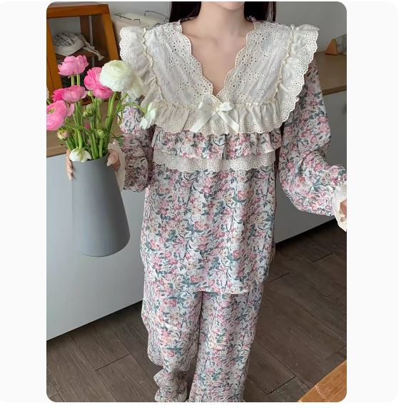 Korean sweet style long-sleeved pajamas for women spring and autumn 2024 new set doll collar retro floral home clothes winter