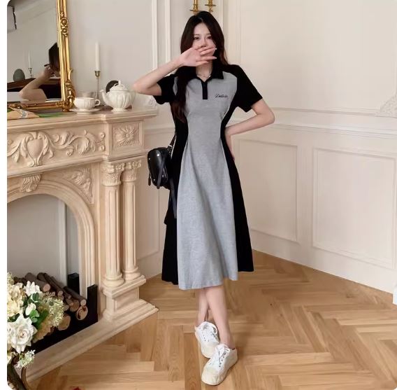 Plus size fat MM splicing casual waist long skirt polo dress summer new style covering belly and slimming A-line skirt for women