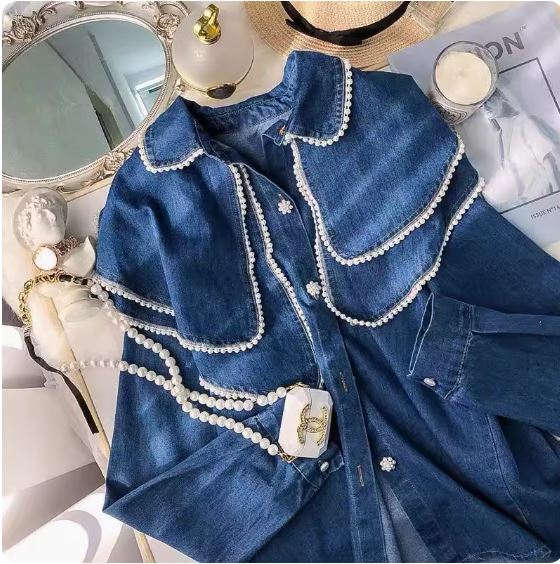 French retro beaded double-layer doll collar denim shirt loose and slim long-sleeved shirt for women 2022 spring new style