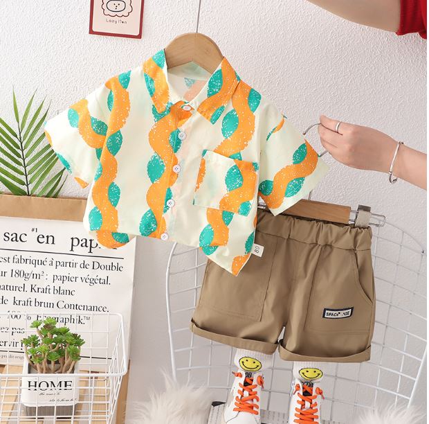 Korean summer style children's foreign-style wave-pattern foreign-style suit for boys 2023 summer new baby short-sleeved two-piece set