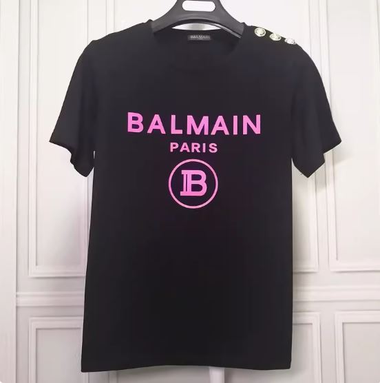 Balmain 2022 early spring new hot stamping letter printed T-shirt balmain women's shoulder gold button round neck short sleeves