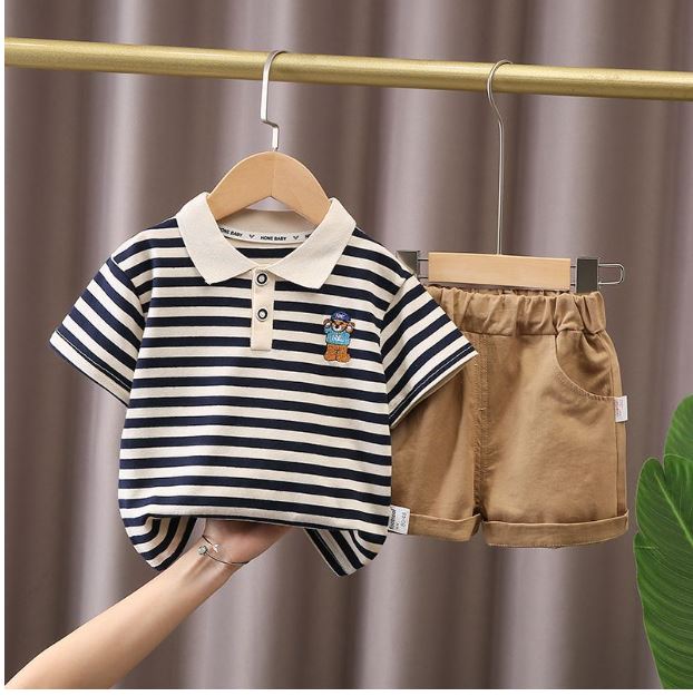 Boys summer suit 2024 summer new style little boy baby fashion short-sleeved striped polo shirt two-piece set trendy