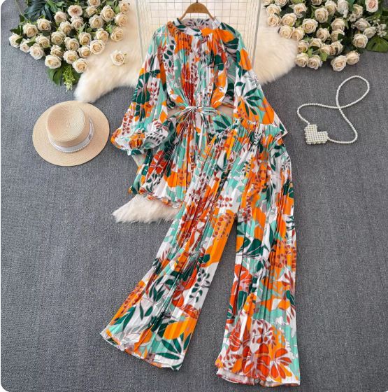 Fashion suit European and American long-sleeved loose mid-length single-breasted printed shirt two-piece set high-waisted flared pleated pants