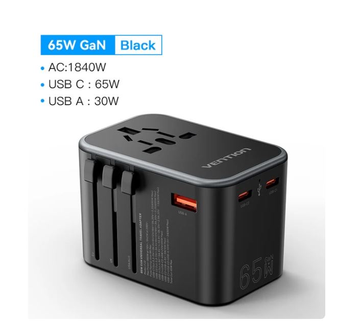 Vention Universal Travel Adapter PD 65W All in One Worldwide Travel Adapter Wall Charger AC Power Plug Adapter for USA EU AUS UK