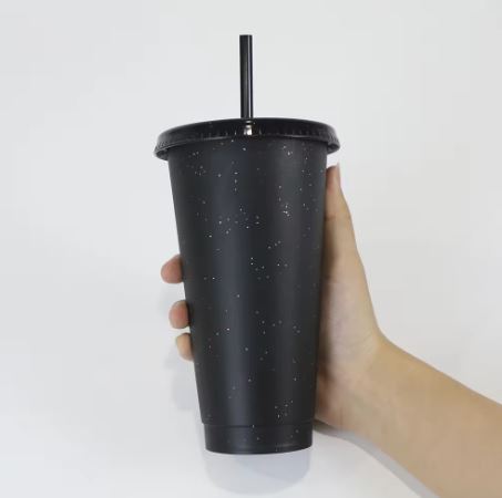 Wholesale party tumbler logo custom 24oz clear reusable pp coffee glitter plastic cup with lids and straws